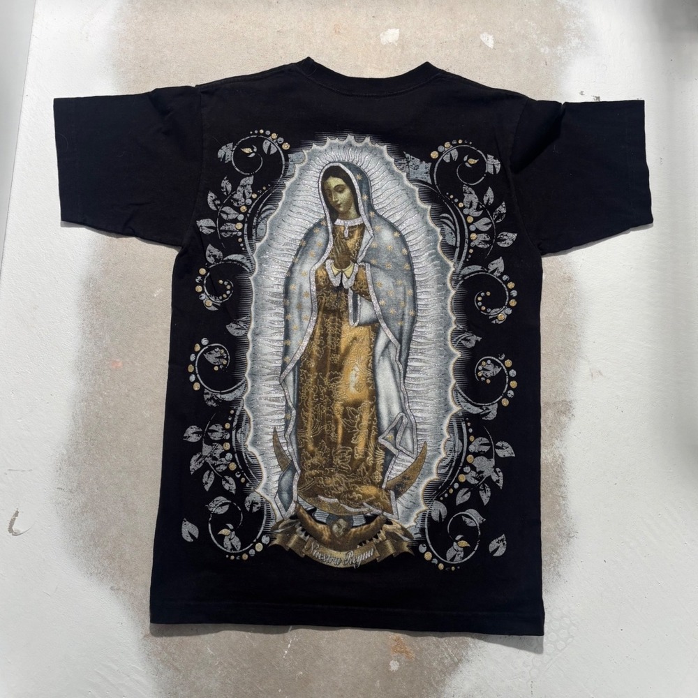 Vintage Nuestra Reina Our Lady of Guadalupe Graphic T-Shirt Black Mens Small